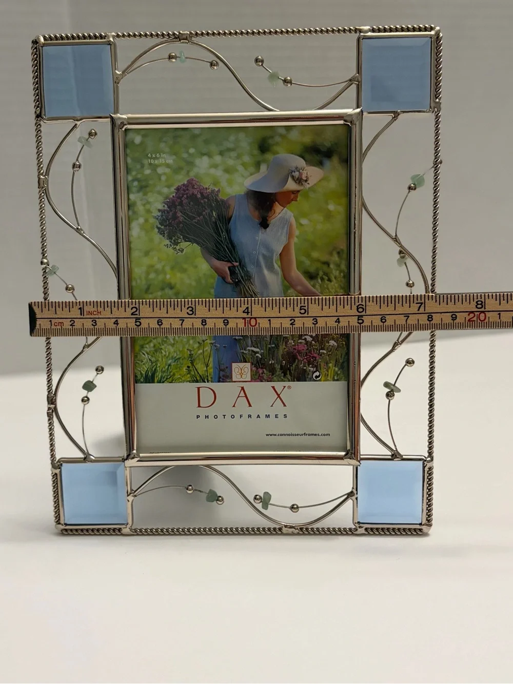 Vintage DAX Silver Wire Scrollwork Picture Frame 4x6 Blue Stained Glass Accents